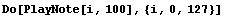 Do[PlayNote[i, 100], {i, 0, 127}]