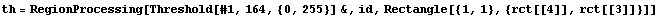 th = RegionProcessing[Threshold[#1, 164, {0, 255}] &, id, Rectangle[{1, 1}, {rct[[4]], rct[[3]]}]]