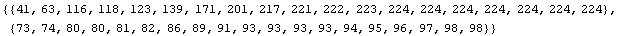 {{41, 63, 116, 118, 123, 139, 171, 201, 217, 221, 222, 223, 224, 224, 224, 224, 224, 224, 224}, {73, 74, 80, 80, 81, 82, 86, 89, 91, 93, 93, 93, 93, 94, 95, 96, 97, 98, 98}}