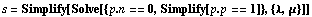 s = Simplify[Solve[{p . n == 0, Simplify[p . p == 1]}, {λ, μ}]]