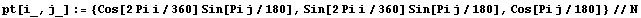 pt[i_, j_] := {Cos[2 Pi i/360] Sin[Pi j/180], Sin[2 Pi i/360] Sin[Pi j/180], Cos[Pi j/180]} // N