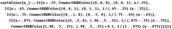 earthColor[x_] := If[x <= .25, ConnectRGBColor[{0, 0, 0}, {0, 0, 1}, x/.25], If[x <= .65 ... 75) (x - .75)], ConnectRGBColor[{.90, .5, .15}, {.90, .5, .15} * 0.1, 1/(1 - .875) (x - .875)]]]]]