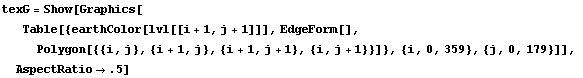 texG = Show[Graphics[ Table[{earthColor[lvl[[i + 1, j + 1]]], EdgeForm[],  Polygon[{{i, j}, {i + 1, j}, {i + 1, j + 1}, {i, j + 1}}]}, {i, 0, 359}, {j, 0, 179}]],  AspectRatio -> .5]