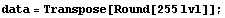 data = Transpose[Round[255 lvl]] ;